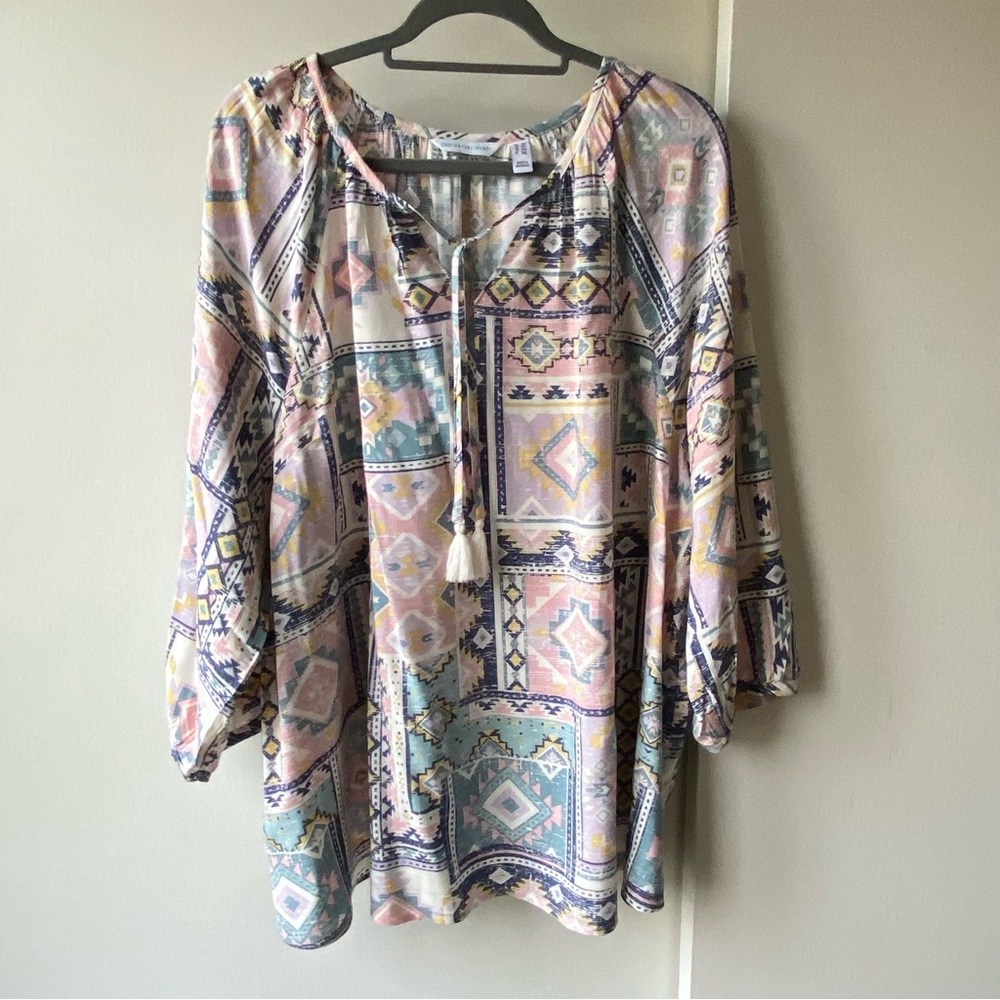 Canyon Retreat Shirt Size 2XL Blouse Aztec southwest tie front Relaxed Fit top